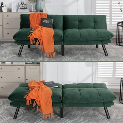 71" Velvet Futon Couch Bed with Mattress Included,Convertible Folding Sleeper Sofa Bed with Adjustable Backrests,Modern Loveseat Sleeper for Living Room Bedroom Small Space Home Office (Green)