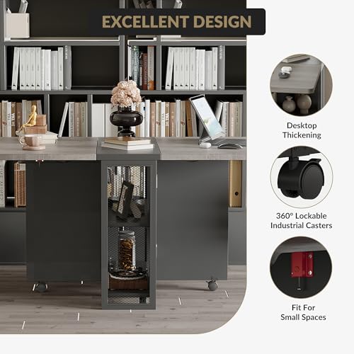 Drop Leaf Table for Small Spaces, Space Saving Folding Dining Table with 6 Wheels, Folding Kitchen Table with 2 Tier Storage Shelves, Foldable Extendable Desk for Apartment, Dining Room