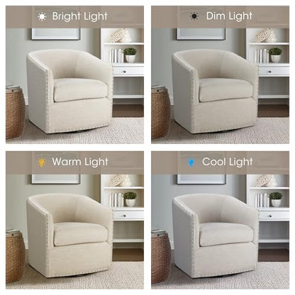 Madison Park Swivel Barrel Accent Chair, Upholstered Curved Back with 7-Inch Thick Woven Cushion, 360° Swivel, Nailhead Trim, Comfy Chair for Living Room, Bedroom, Office, 28" Wide, Neutral, Tyler - color: Natural Multi