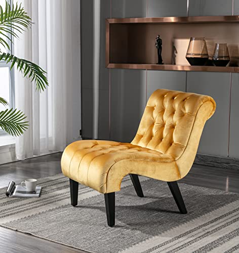 Comfy Velvet Accent Chair, Tufted Armless Side Chair with Rolled Edge | Modern Small Lounger for Living Room, Upholstered Reading Chaise Lounge with Solid Rubber Wood Legs, Yellow - color: Yellow, size: Set of 1