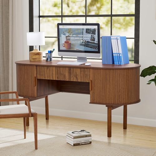 Home Office Oval Desk with Sliding Tambour Door and Drawer, Modern Fluted Wood Executive Computer Storage Desk for Study, Living Room, Bedroom, Office - Walnut - color: Walnut