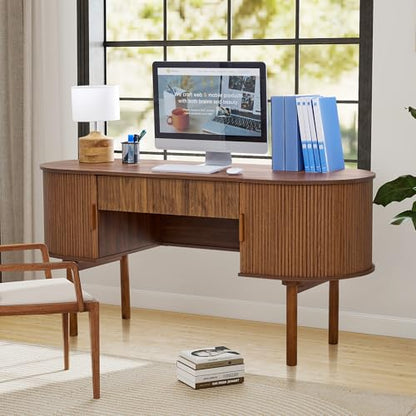 Home Office Oval Desk with Sliding Tambour Door and Drawer, Modern Fluted Wood Executive Computer Storage Desk for Study, Living Room, Bedroom, Office - Walnut - color: Walnut