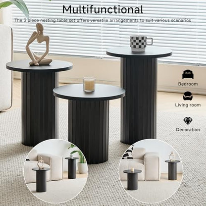 Round Nesting Coffee Table Set of 3 Mid Century Modern Wood Round Coffee Tables with Flexible Small Boho Circle End Table for Space Saving Living Room Comedor Home Office Bedroom(Black) - color: 3pcs Black