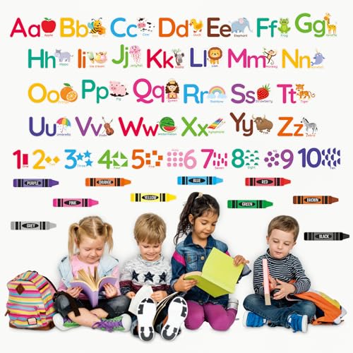 Animal Alphabet Numbers Wall Decals - 6 Sheets 55 Pcs Colorful Educational Wall Decor Peel and Stick Removable Numbers Letters ABC Stickers for Kids Daycare Nursery Playroom Classroom Bedroom - color: Animal Alphabet