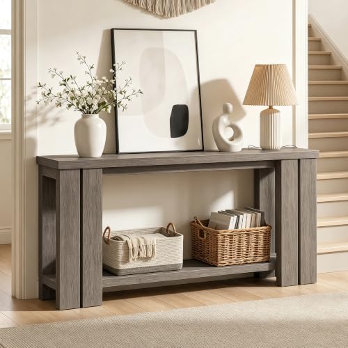 70.9 Rustic Grey Farmhouse Console Sofa Table Behind Couch Entryway Wood | Thick 2-inch engineered wood tabletop with embossed texture