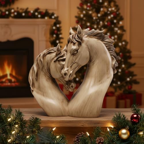 Loving Horses Handcrafted Heart-Shaped Horse Sculpture - Romantic Resin Nuzzling Equine Bust Statue, Tan & Light Brown Finish, Unique Equestrian Gift for Home/Office Décor - style: Love Horse