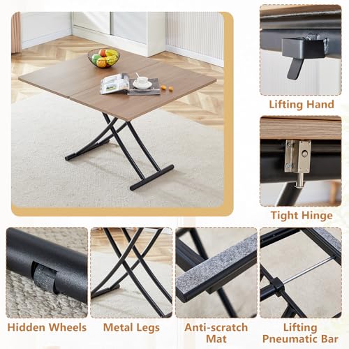 Adjustable Height Coffee Table, Folding Dining Table, Wood & Black | Convertible lift top table for use as a coffee table, dining table, home office desk or vanity - color: Wood & Black Legs