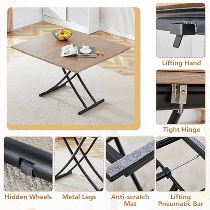 Adjustable Height Coffee Table, Folding Dining Table, Wood & Black | Convertible lift top table for use as a coffee table, dining table, home office desk or vanity - color: Wood & Black Legs