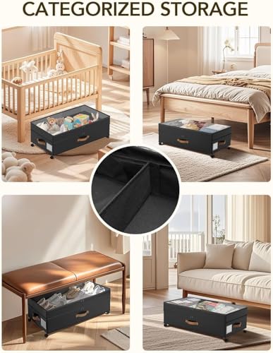Under Bed Storage with Wheels, 72L XXL Under the Bed Storage Containers Large, 10‘’ Tall Adjustable Storage for Underbed with Lids