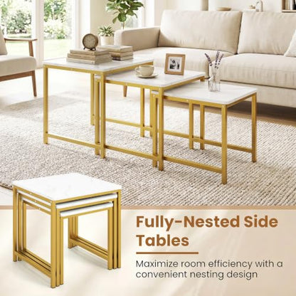 Giantex Nesting Coffee Table Set of 3, Small Center Tables, White | Faux Marble Coffee Table with Metal Frame, Space-Saving Stacking End Table for Small Space - color: White & Gold