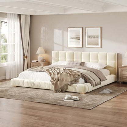 Upholstered Velvet Platform Bed Frame with Channel Tufted Headboard, Modern Low Profile Bed with Sturdy Slat Support, No Box Spring Needed (Beige) - color: Beige