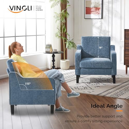 VINGLI Chair Navy Blue Upholstered Chenille Accent Chair for Living Room, Bedroom, Mid-Century Modern Arm Chair Comfy Reading Chair with Scooped Arms - color: Navy Blue