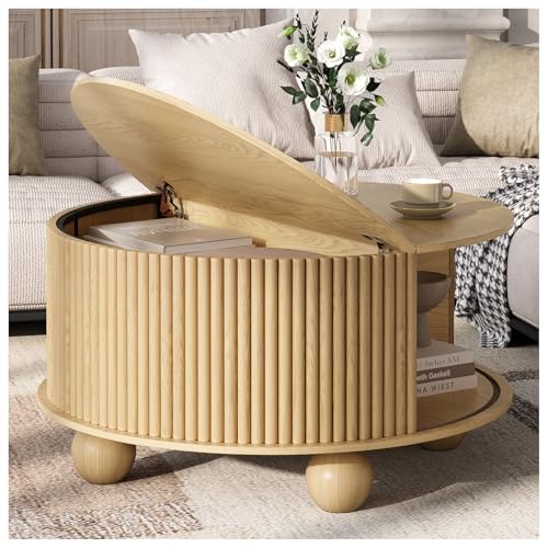 SULIVES Round Coffee Table with Storage, Unique Circle Drum Table with Sliding Door,Fluted Accent Center Table with Bun Feet for Living Room, Oak - color: Oak_round-bun Feet