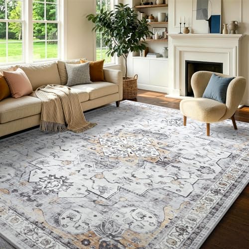 6x9 Area Rugs Washable Vintage Rug for Bedroom Living Room Yellow and Grey | Soft Low-Pile Stain Resistant Large Indoor Carpet With Non Slip Backing for Dining Room Nursery,Thin,Foldable,Home Decor - color: 25f01-yellow Grey, size: 6' x 9' (Rectangular)