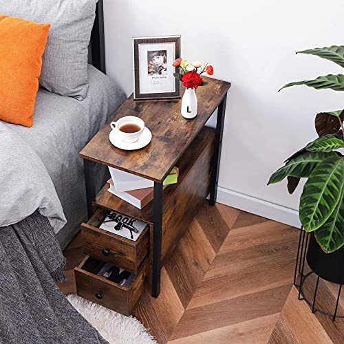 HOOBRO End Table, Narrow Chairside Table with Drawer and Open Storage Shelf, Nightstand for Small Spaces, Stable and Sturdy Construction, Wood Look Accent Furniture, Rustic Brown and Black BF548BZ01G3 - color: Rustic Brown + Black
