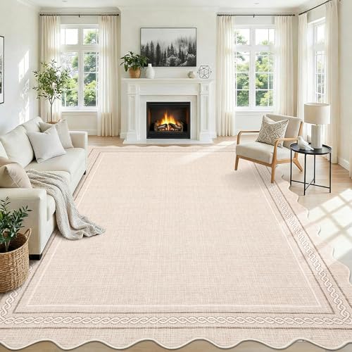 GarveeHome Scalloped Washable 8x10 Area Rugs for Living Room Non Slip, Beige - color: Beige, size: 8' x 10' (Rectangular)