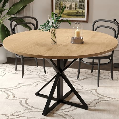 GarveeHome 47 Inch Round Dining Table for 4-6-Oak/Only Table | Circle Kitchen Table with Pedestal Base, Farmhouse Wooden Dining Table for Small Spaces, Kitchen & Dining Room, Living Room - color: Oak