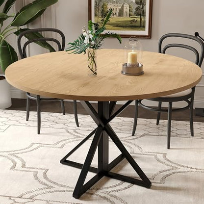 GarveeHome 47 Inch Round Dining Table for 4-6-Oak/Only Table | Circle Kitchen Table with Pedestal Base, Farmhouse Wooden Dining Table for Small Spaces, Kitchen & Dining Room, Living Room - color: Oak