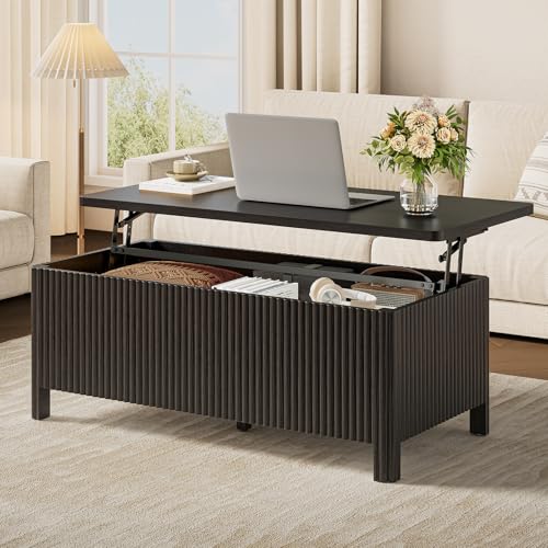 Fluted Lift Top Coffee Table with Storage, Mid Century Modern Coffee Table with Hidden Compartment, Rising Top Wood Center Table for Living Room, Home Office, Rounded Edges (Black) - color: Black