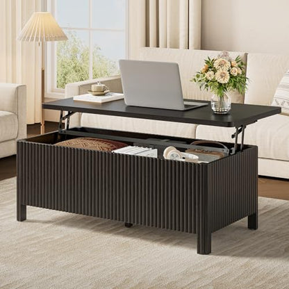 Fluted Lift Top Coffee Table with Storage, Mid Century Modern Coffee Table with Hidden Compartment, Rising Top Wood Center Table for Living Room, Home Office, Rounded Edges (Black) - color: Black