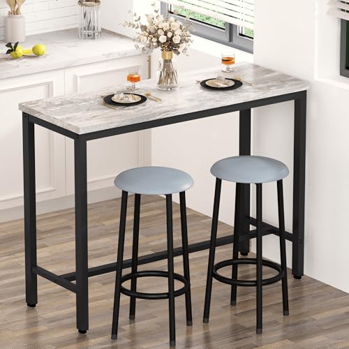AWQM 39.3" Bar Table Set of 3, Pub Height Table and Chairs Set of 3 with Upholstered Stools,3 Piece Bar Table and Chairs Set Dining Table Set for Living Room,Kitchen,Bar,Grey - style: Modern Grey 39.3"
