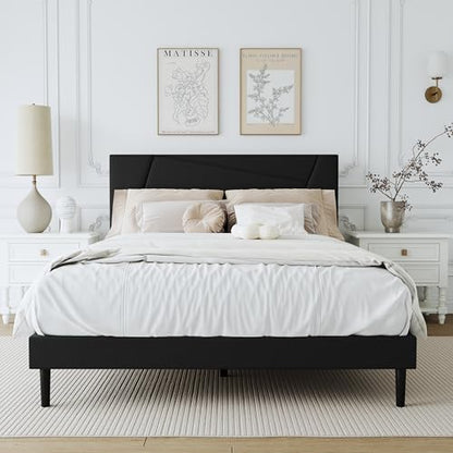 Full Size Upholstered Bed Frame Frame with Headboard，Velvet Black | Geometric Head Board Platform Bed, Sturdy Wooden Slats, Noiseless No Box Spring Required, Easy to Assemble - color: Black, size: Full