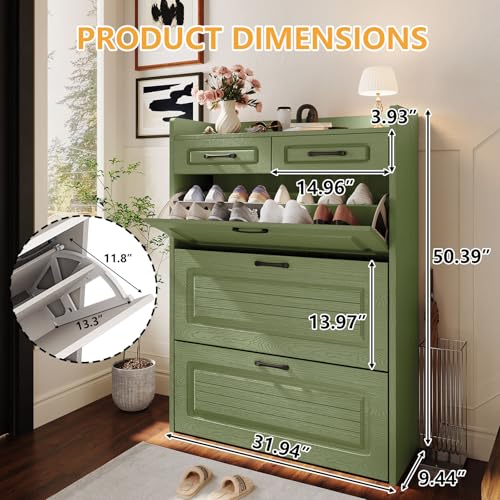 Lakifun Narrow Shoe Organizer Cabinet with 3 Large Flip Drawers & 2 Storage Drawers - Slim Shoe Storage for Entryway, Hallway, Bedroom, Apartment, Green - color: Green