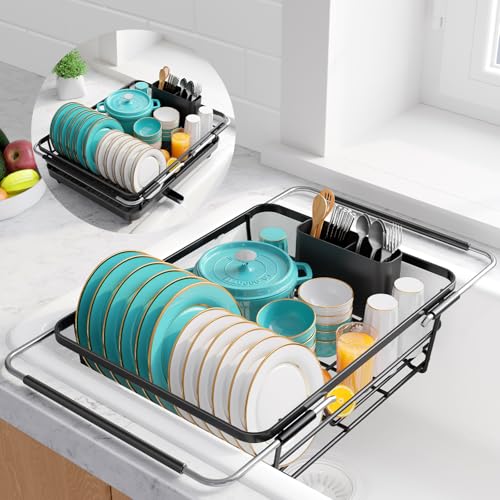 Sakugi Extendable Dish Drying Rack Over Sink with Dish Drainer, Sink Organization and Storage Essentials with Silverware & Utensil Holder, Home and Apartment Decor, 12" W x 16.1~23" L, Black - color: Black, size: 12"W x 16.1~23"L