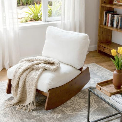 Armless Rocking Chair, Upholstered Glider Lounge Chair, Beige | Comyf Chenill, Curved Solid Wood Base, for Living Room, Bedroom - color: Beige
