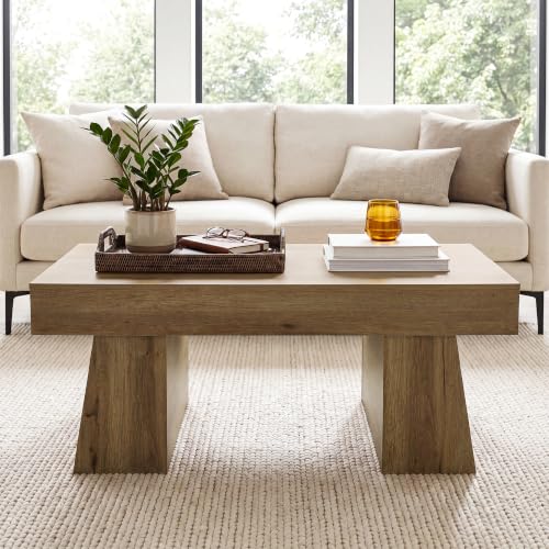 Farmhouse Coffee Table, 47" Retro Brown Wooden Accent Center Table | Modern Low Cocktail Tea Furniture for Living Room, Rustic Brown Finish, Scratch & Water Resistant MDF, Easy Assembly