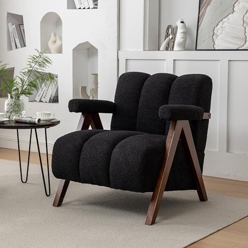 Mid Century Modern Accent Chair with Solid Wood Frame, Boucle Upholstered Living Room Chairs with Thick Cushion, Comfy Tufted Arm Chair for Bedroom, Black - color: Black, size: 1-seater