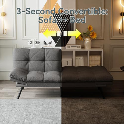 Futon Sofa Bed Convertible Couch, Grey Linen Sofa Bed | Adjustable Backrest & Armrests, Multifunctional Small Loveseat Sleeper Sofa for Living Room, Apartment, Office, Foam Couch - color: A2 | Light Grey