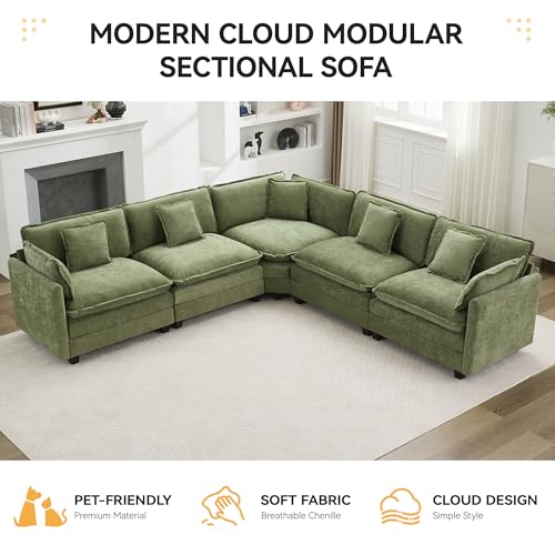 113'' V Shaped Cloud Sectional Sofa, Oversized Deep Seat Couches for Living Room, Chenille Comfy Upholstered Modular Sectional Sofa Couch, Green - color: Green, size: 113'' V Shape