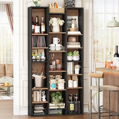 FOTOSOK 71'' H Bookshelf with 21 Cubes, Triple Wide Tall Bookshelf | 8 Tier Bookcase with 8 Adjustable Shelves, Large Bookshelf DVD/CD Media Tower Storage, Freestanding Display Shelf Cabinet - color: Black/Brown