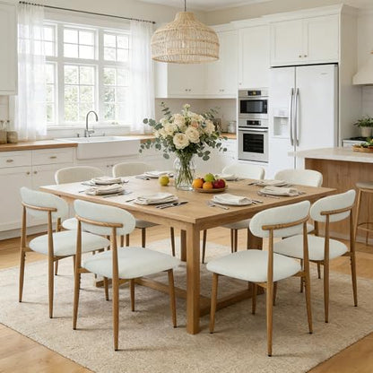 FREKEN Modern Upholstered Dining Chairs Set of 8, Mid-Century Metal Frame with Wood Grain, Linen Fabric Side Chair for Kitchen Dining Room, 350lbs Capacity, Beige - color: Beige - Wood Grain Legs, size: Set of 8