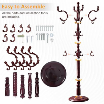 Heavy Duty Coat Rack Stand Freestanding Coat Tree for Small Space,mahogany | Birch Wood Main Pole,Multifunctional,14 Hooks and 1 Round Base,for Hallway,Bedrooms,3 Height Adjustable(48.8-72.3") - color: Mahogany