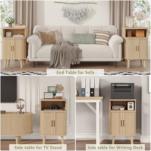 Alohappy Nightstand Set of 2, Mid Century Modern End Table with Storage, Fluted Bedside Table, Wooden Curved Profile Night Stands with Sliding Tambour Door for Bedroom, Living Room, Light Oak - color: Light Oak