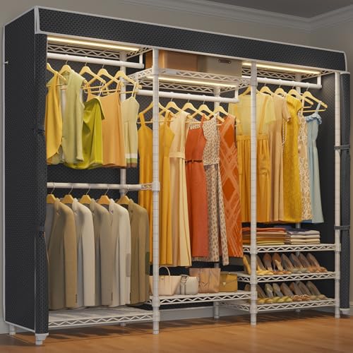 VIPEK V5LC Garment Rack Heavy Duty Covered with Dimmable LED Light, 3000K Warm White, Portable Closet Wardrobe Freestanding for Hanging Clothes, with Black Cover - color: White Rack With Black Cover, style: V5LC