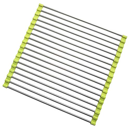 Roll Up Dish Drying Rack, Stainless Steel and Silicone Dish Drying Mat Over The Sink Foldable Drain Rack Multipurpose Dish Drainer for Kitchen, 14.5” x 14”, Green - color: Green