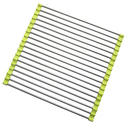 Roll Up Dish Drying Rack, Stainless Steel and Silicone Dish Drying Mat Over The Sink Foldable Drain Rack Multipurpose Dish Drainer for Kitchen, 14.5” x 14”, Green - color: Green