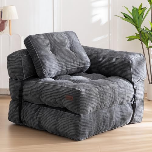 MAXYOYO Folding Sofa Bed, Convertible Chair Bed with Pillow | L-Shaped Floor Sofa with Armrest and Pillow, Foldable Portable Fold Out Comfy Chair Bed for Living Room Bedroom, Dark Grey - color: Dark Grey