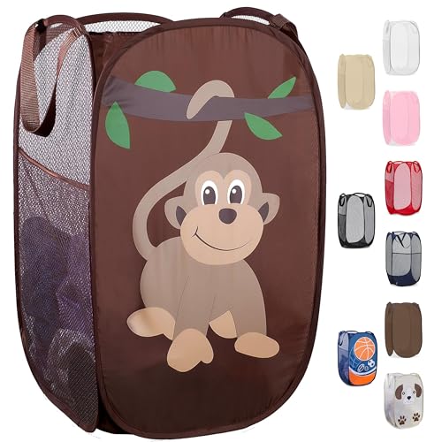 Handy Laundry Collapsible Mesh Pop Up Laundry Hamper with Side Pocket – Breathable, Space-Saving, Foldable Basket for Clothes, Toys, Travel & Storage, 14 x 13 x 24 in, Monkey - color: Monkey