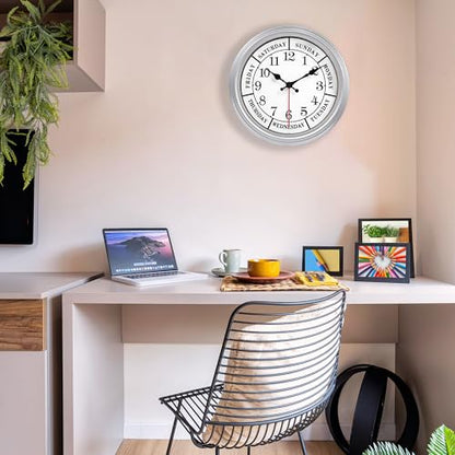 JENLYSTIME 12 Inch Retro Wall Clock,Classic Day of The Week Wall Clock,Silent Non Ticking Battery Operated Movement(Silver) - color: 12 Wk-silver