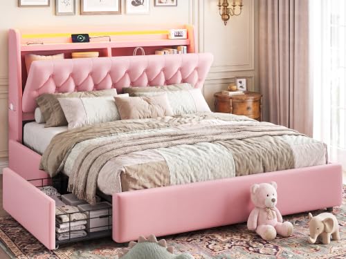 MapleGrace Queen Size Bed Frame with 2 Storage Drawers & Hidden Headboard | Pink Velvet Upholstered Platform Bed with Charging Station & LED Lights, Wooden Slats Support, No Box Spring Needed - color: Pink, size: Queen