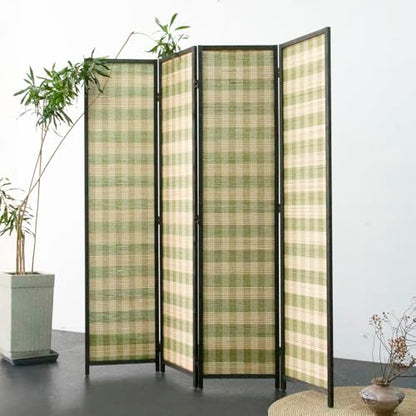 4 Panel Bamboo Room Divider, Green Stripe Folding Privacy Screen | 5.6 ft Folding Screen Divider, Divider for Room Separation, Freestanding Room Partition Screen, Double-Sided Panel Screen - color: Green Stripe, size: 4 Panel