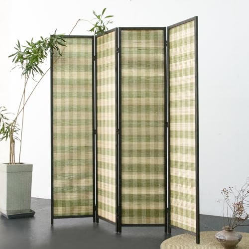 4 Panel Bamboo Room Divider, Green Stripe Folding Privacy Screen | 5.6 ft Folding Screen Divider, Divider for Room Separation, Freestanding Room Partition Screen, Double-Sided Panel Screen - color: Green Stripe, size: 4 Panel