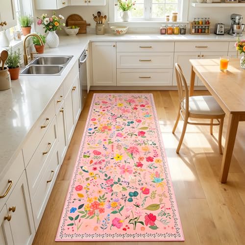 ISEAU Runner Rugs for Kitchen,2x6 Area Rug for Hallway Dorm Rug, Pink | Washable Flower Area Rug with Non-Slip Botton for Bedside, Runner for Hallway Nursery Entryway Dining Room Dorm Decor - color: Pink, size: 2ftx6ft