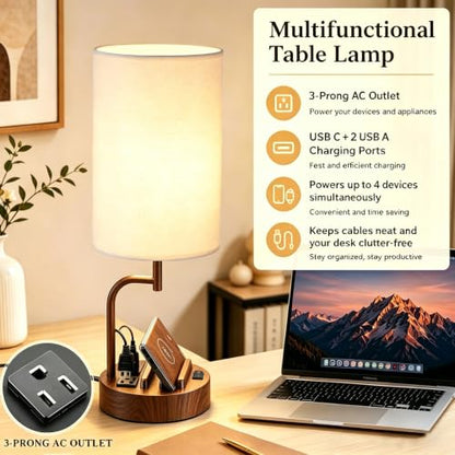Dreamholder 2 Pack Table Lamp, Bedside Lamp with 3 USB Charging Ports & AC Outlet, USB Desk Lamp with 2 Phone Holders, Linen Fabric Shade Nightstand Lamps for Bedroom Living Room Office, Walnut - color: Walnut