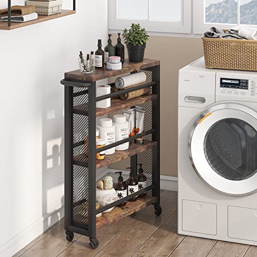 Tribesigns Slim Storage Cart,Narrow Rolling Carts with Wheels,Utility Cart for Small Spaces,4-Tier Metal Frame Trolley Cart with Handle for Kitchen,Laundry, Living Room