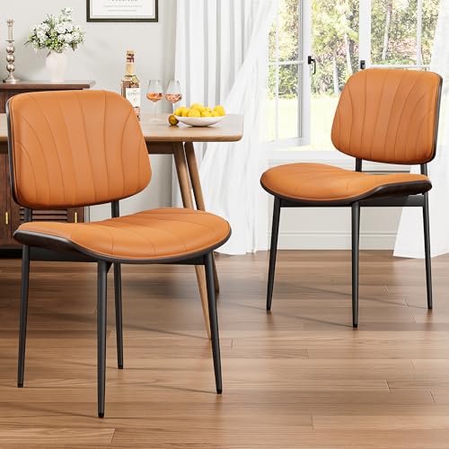 Dining Chairs Set of 2, Mid-Century Modern Upholstered PU Leather Chairs | with Walnut Back and Metal Legs Adjustable Feet for Kitchen Dining Room, Orange Shell Strips - color: Orange Shell Strips